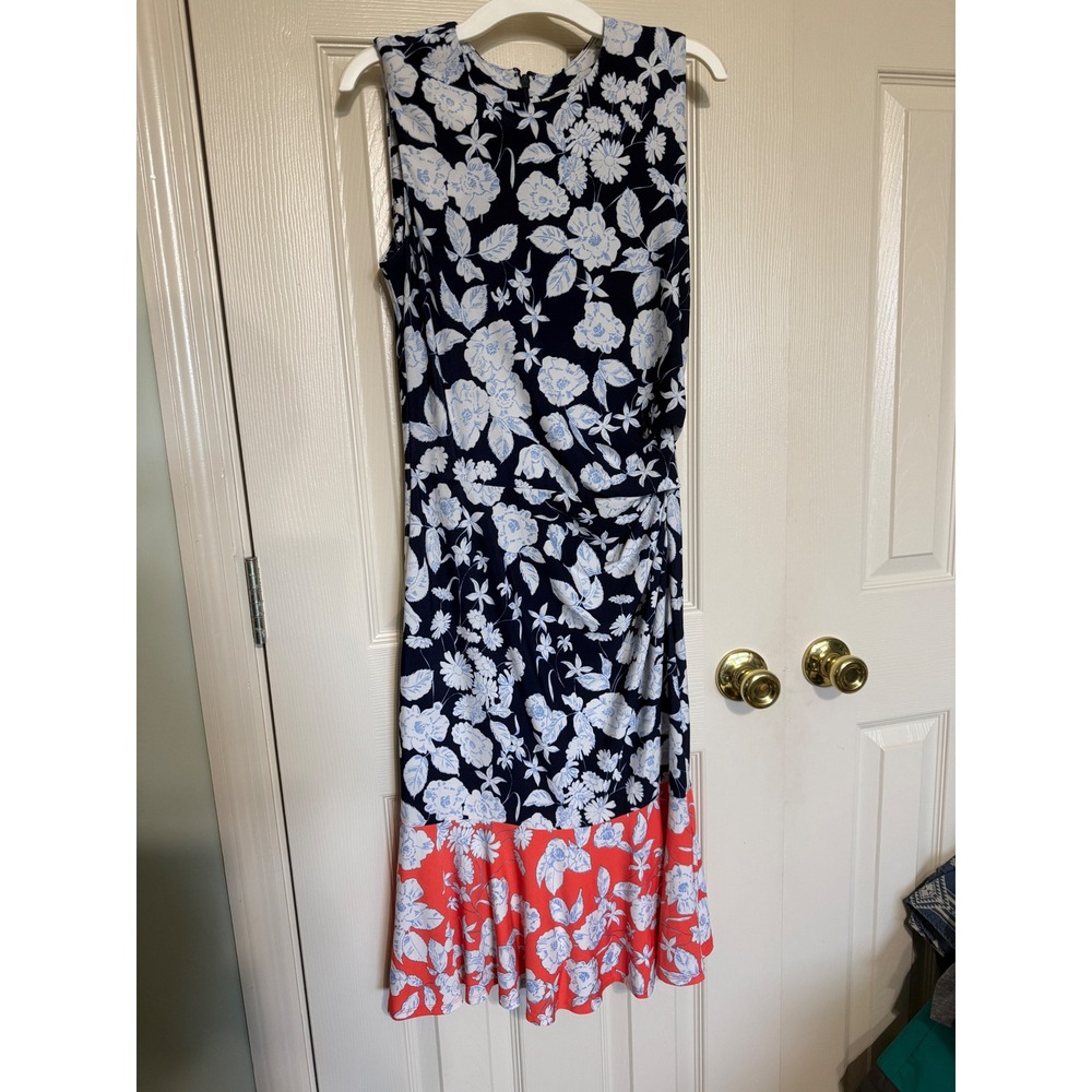 Eliza J Womens Navy Blue Floral Sleeveless Ruched Sheath‎ Dress Size 2 Coral Hem